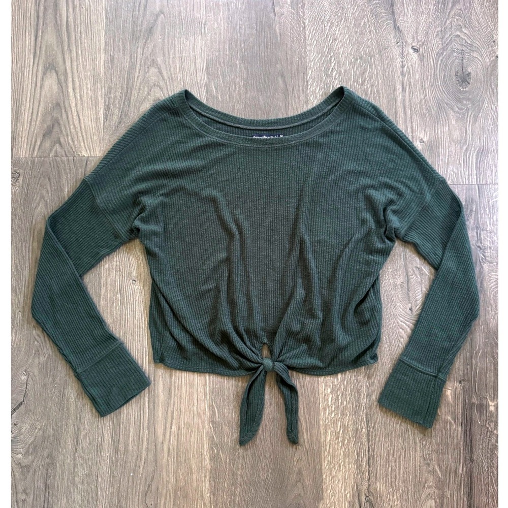 Abercrombie & Fitch Tie-Front Ribbed Top A&F Long Sleeve M Green Viscose Knit